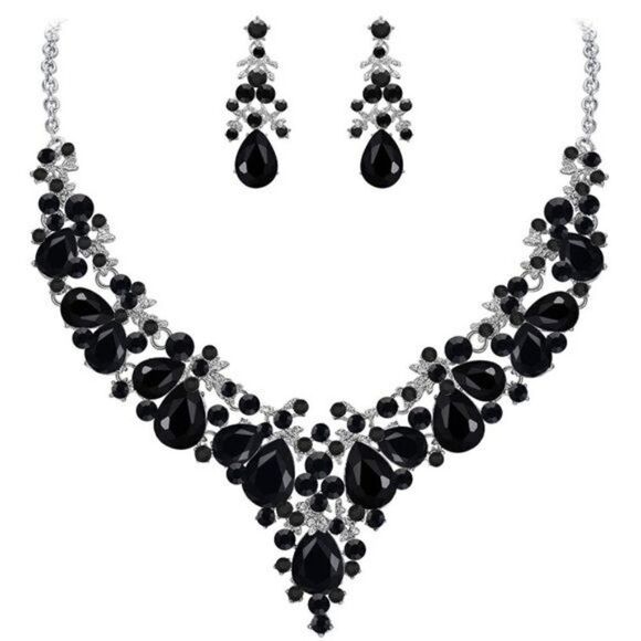 Silver with Black Onyx & Diamond Austrian Crystal Floral Necklace & Earrings Set - Picture 1 of 6